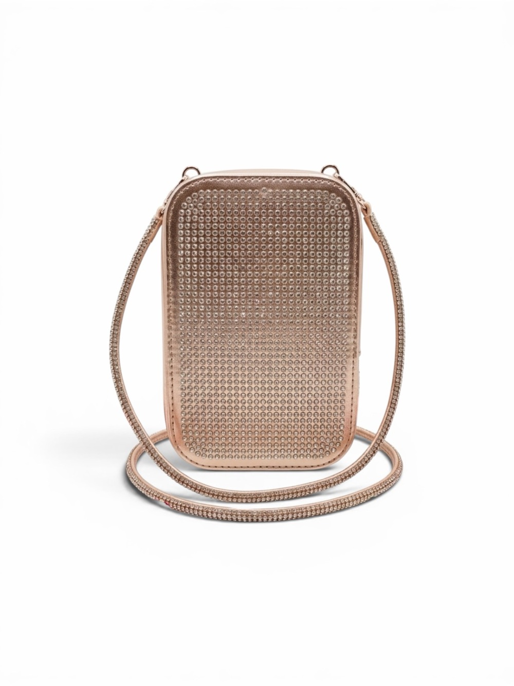 Bebe Metallic Rose Gold Phone Crossbody Bag with Crystal Accents